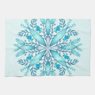 Floral Mandala - Turquoise Blue Boho Snowflake Tea Towel