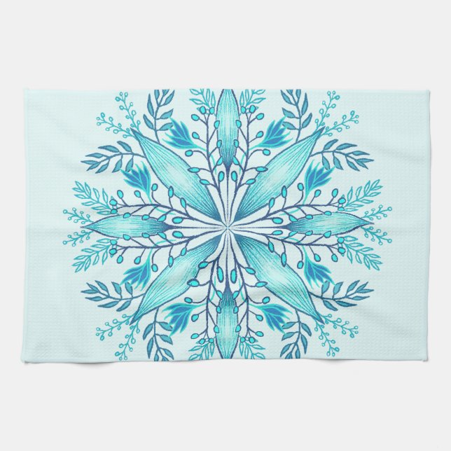Floral Mandala - Turquoise Blue Boho Snowflake Tea Towel (Horizontal)