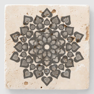 Floral Mandela Black Grey Hearts Art Stone Coaster
