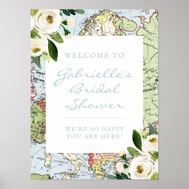 Floral Map Travel Theme Bridal Shower Welcome Sign (Front)