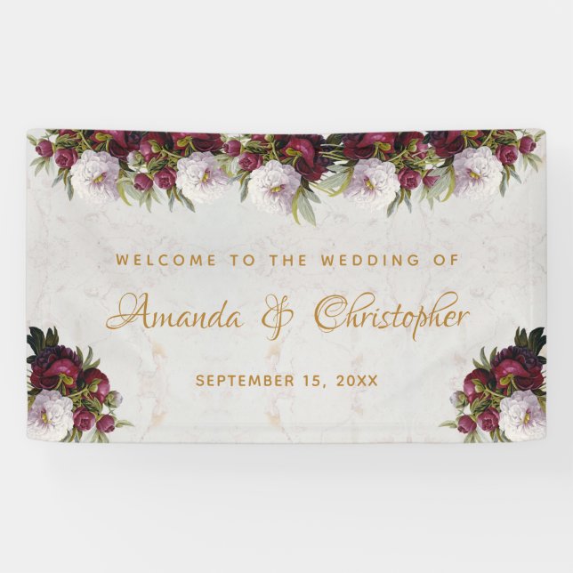 Floral Marble Burgundy White Peony Wedding Welcome Banner (Horizontal)