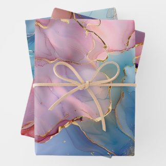 Floral Marble Gold Pink Blue Wrapping Paper Sheet