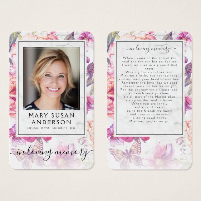 Floral Marble Photo Funeral Memorial Poem Card (Front & Back)