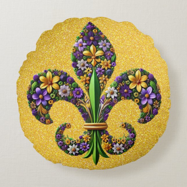 Floral Mardi Gras fleur de lis Round Cushion (Front)