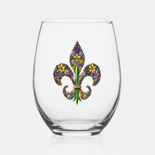 Floral Mardi Gras fleur de lis Stemless Wine Glass