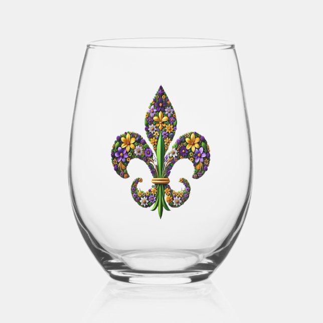 Floral Mardi Gras fleur de lis Stemless Wine Glass (Back)