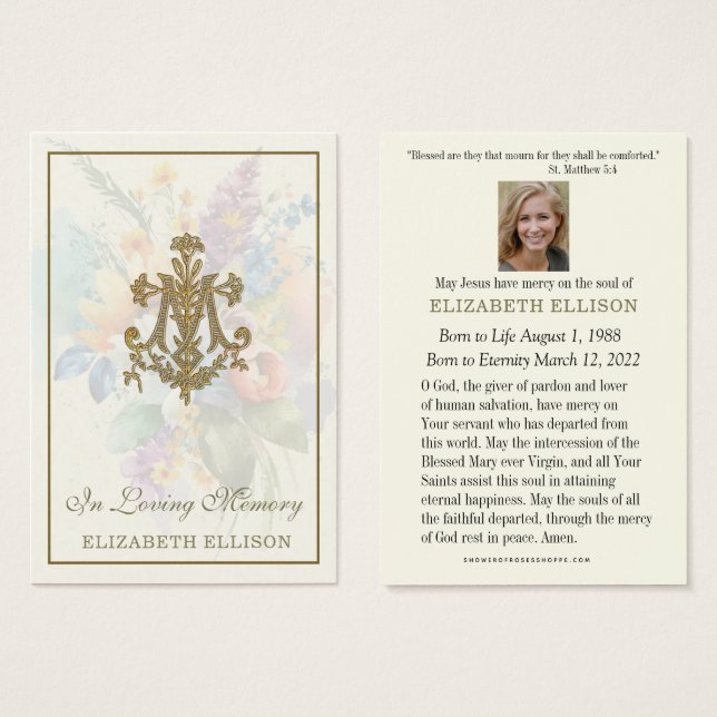 Floral Marian Cross  Funeral Prayer Card (Front & Back)