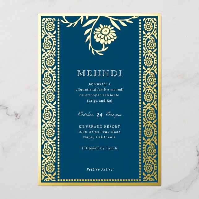 Floral Marigold Gold Mehndi Invitation (Front)