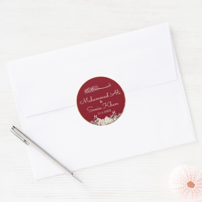 Floral Maroon and Gold Islamic Muslim Wedding Classic Round Sticker (Envelope)