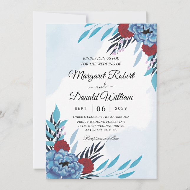 floral maroon and turquoise wedding invitation (Front)