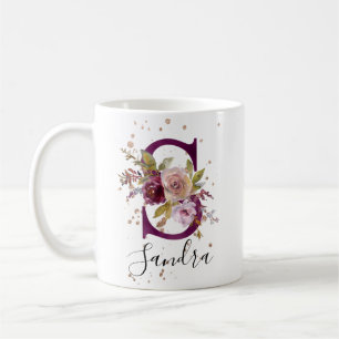 Floral Maroon Blush Add Name Letter S Monogram Coffee Mug