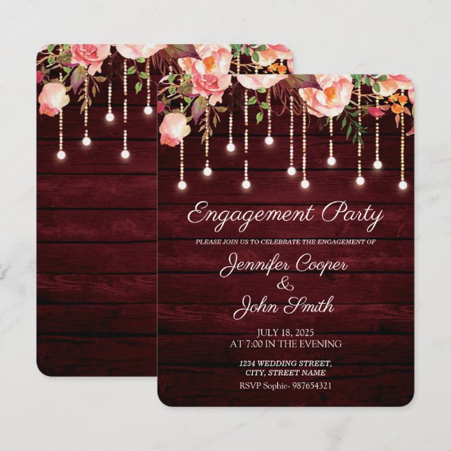 Floral Maroon Wood Rustic Engagement Party Invitation (Front/Back)