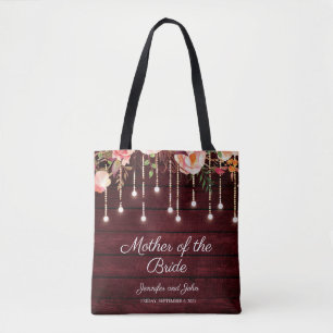 Floral Maroon Wooden Rustic Mother of the Bride Tote Bag