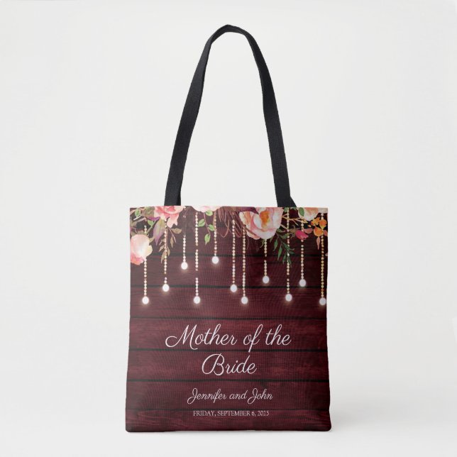 Floral Maroon Wooden Rustic Mother of the Bride Tote Bag (Front)