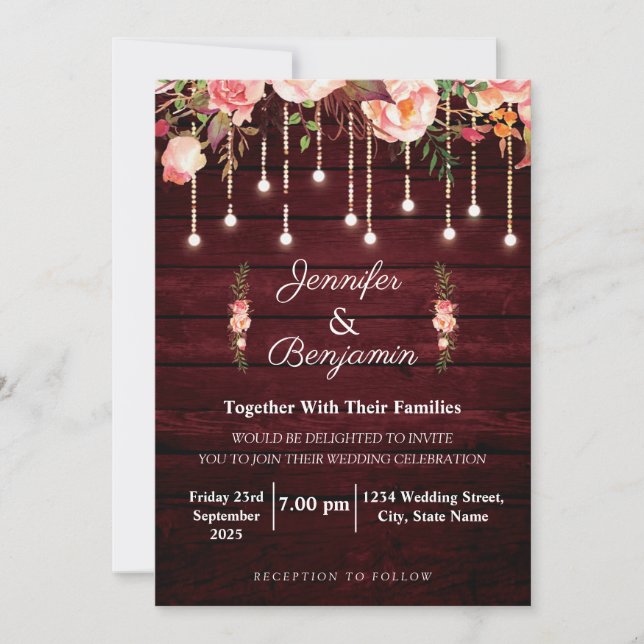 Floral Maroon Wooden Rustic Wedding Invitation (Front)