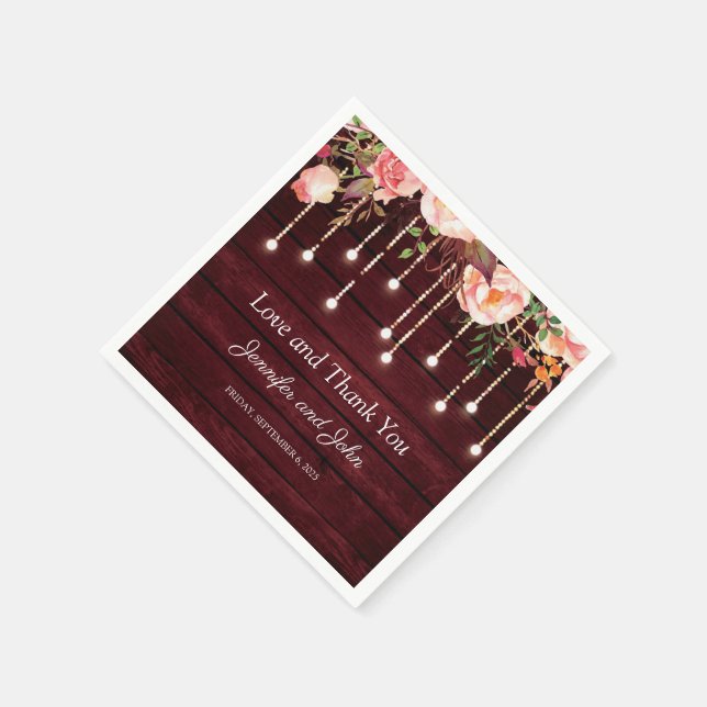 Floral Maroon Wooden Rustic Wedding Napkin (Corner)