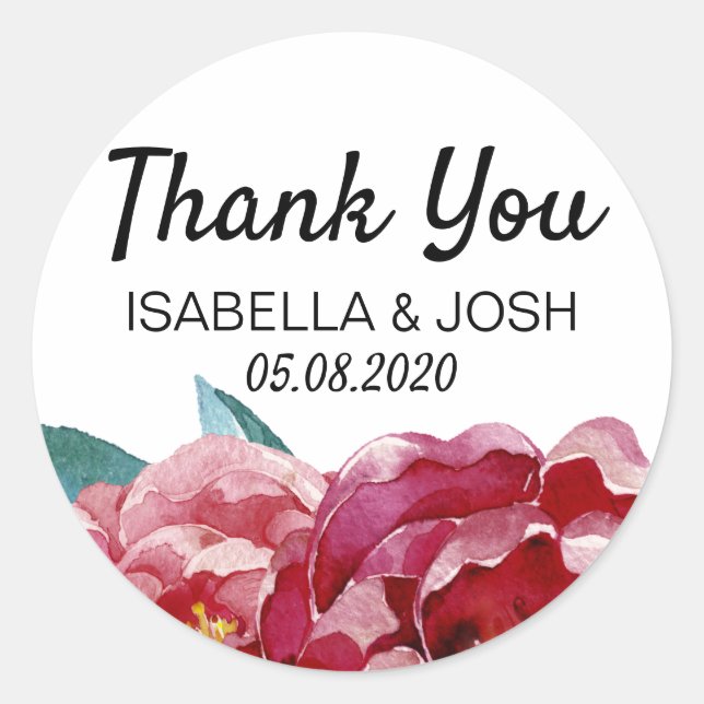 Floral Marsala Peony Thank You Classic Round Sticker (Front)