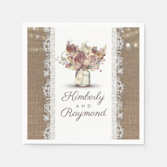 Floral Mason Jar and Burlap Lace Rustic Wedding Napkin (Front)
