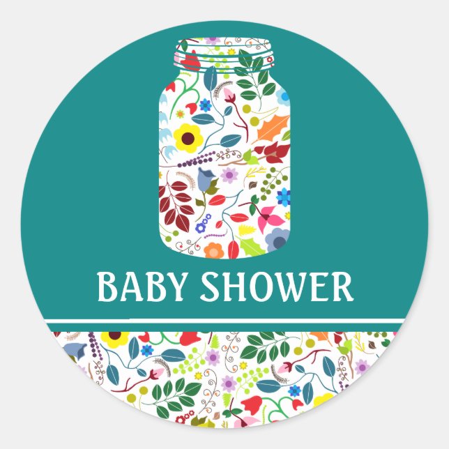 Floral Mason Jar Baby Shower Classic Round Sticker (Front)