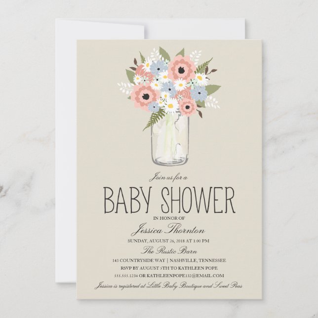 Floral Mason Jar Baby Shower Invitation (Front)