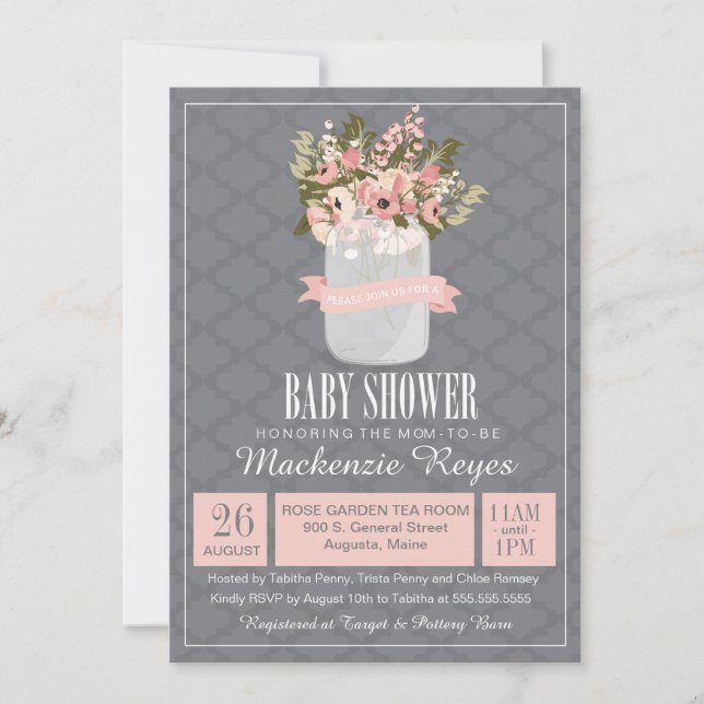 Floral Mason Jar Baby Shower Invitation (Front)
