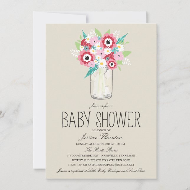 Floral Mason Jar Baby Shower Invitation (Front)