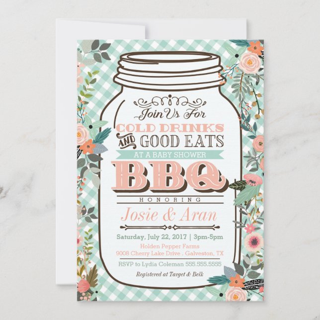 Floral Mason Jar BBQ Baby Shower Invitation (Front)