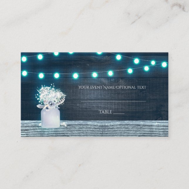 Floral Mason Jar & Blue Lights Rustic Table Place Card (Front)