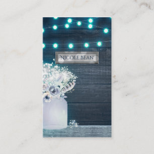 Floral Mason Jar & Blue Lights Rustic Wedding Business Card