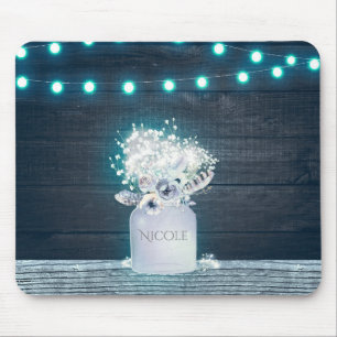 Floral Mason Jar & Blue String Lights Rustic Mouse Mat