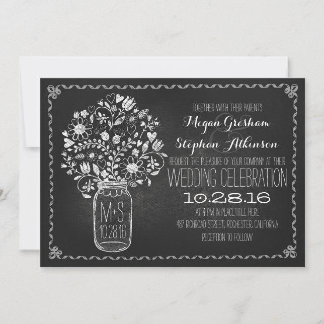 floral mason jar chalkboard wedding invitations (Front)