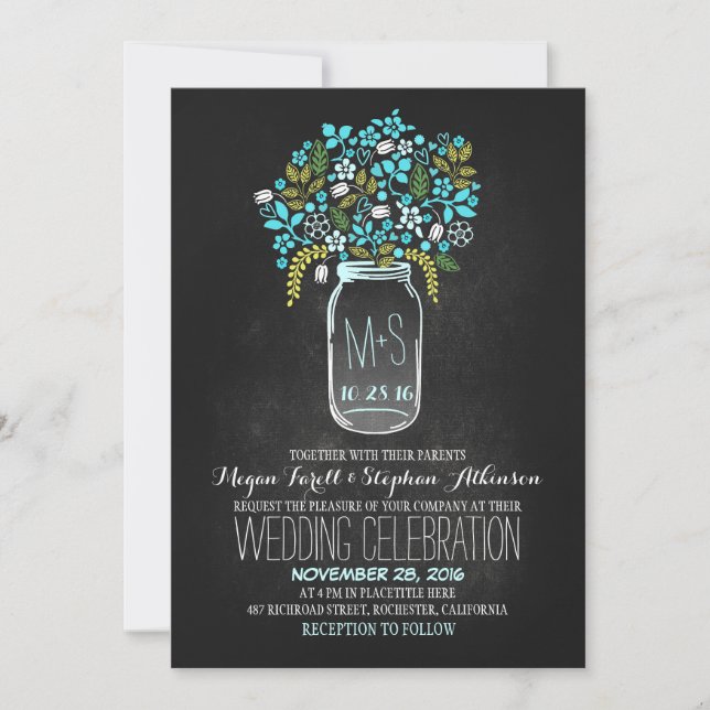 floral mason jar chalkboard wedding invitations (Front)