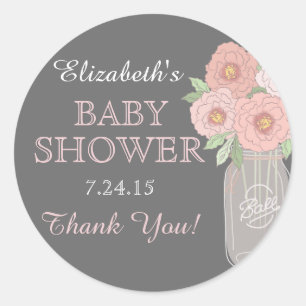 Floral Mason Jar Grey Pink Baby Shower Sticker