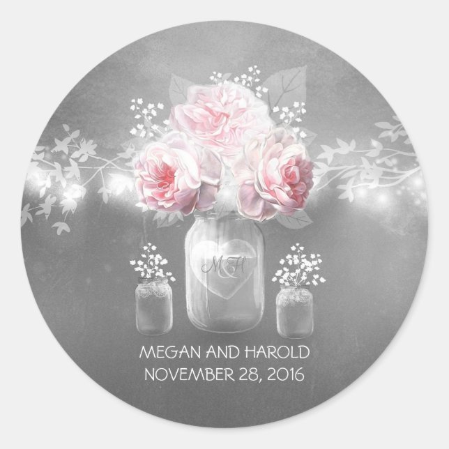 Floral Mason Jar Grey Pink Wedding Classic Round Sticker (Front)