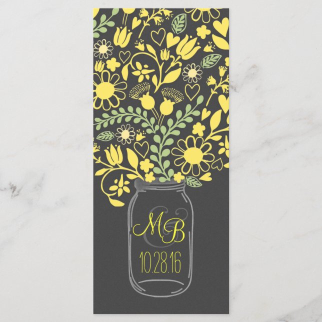 floral mason jar grey yellow wedding program programme (Front)