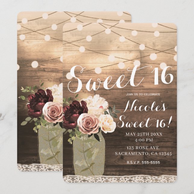 Floral Mason Jar & Lights Rustic Country Sweet 16 Invitation (Front/Back)