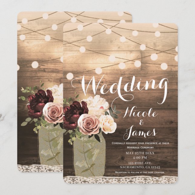 Floral Mason Jar & Lights Rustic Country Wedding Invitation (Front/Back)