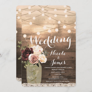 Floral Mason Jar & Lights Rustic Country Wedding Invitation