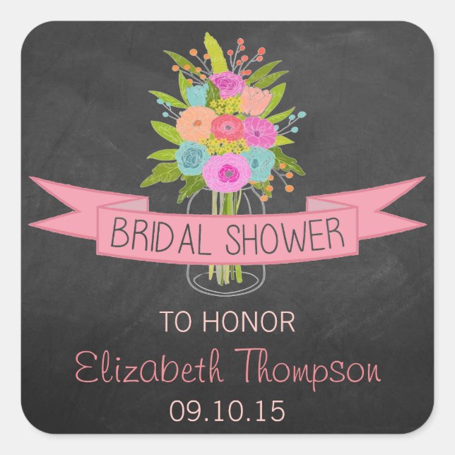 Floral Mason Jar On Chalkboard Bridal Shower Square Sticker (Front)