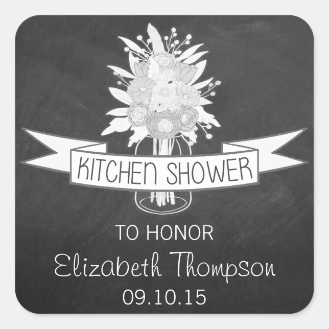 Floral Mason Jar On Chalkboard Kitchen Shower Square Sticker (Front)