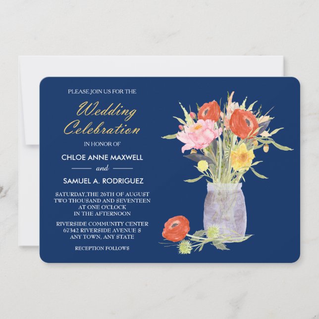 Floral Mason Jar on Navy Blue Wedding Invitation (Front)