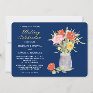 Floral Mason Jar on Navy Blue Wedding Invitation