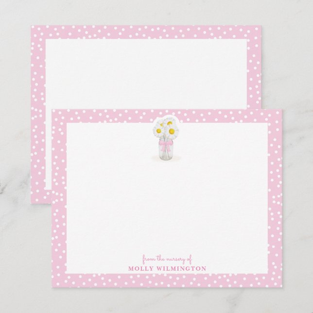 Floral Mason Jar Pink Bow Girl Baby Stationery Thank You Card (Front/Back)