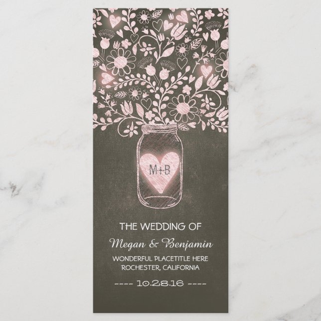 floral mason jar pink elegant wedding programs programme (Front)