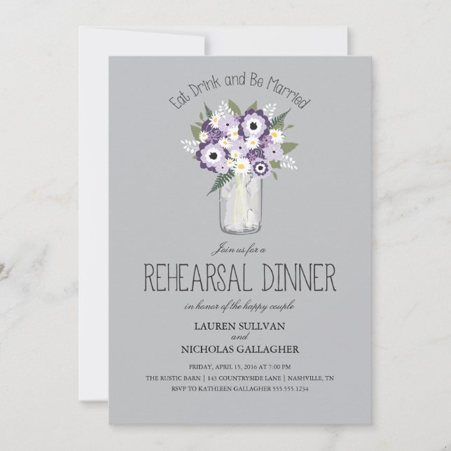 Floral Mason Jar Rehearsal Dinner Invitation (Front)