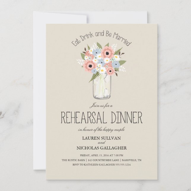 Floral Mason Jar Rehearsal Dinner Invitation (Front)