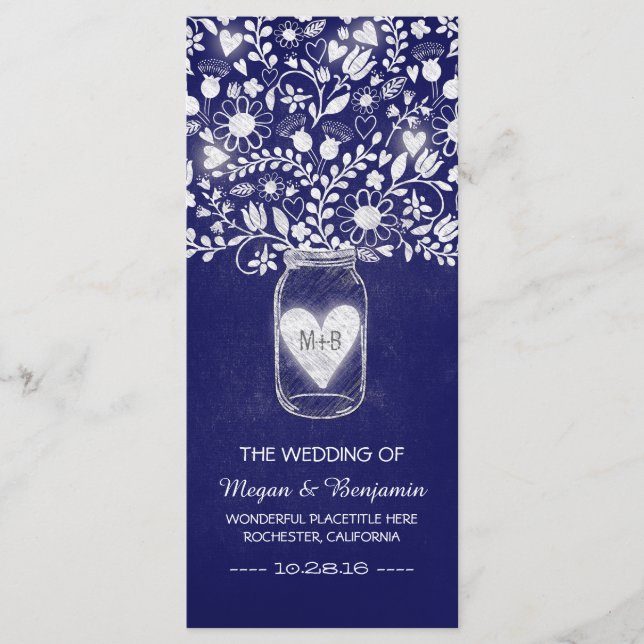 floral mason jar royal blue wedding programs programme (Front)