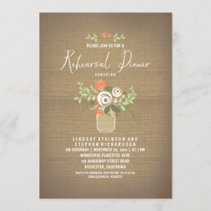 Floral Mason Jar Rustic Burlap Rehearsal Dinner Invitation