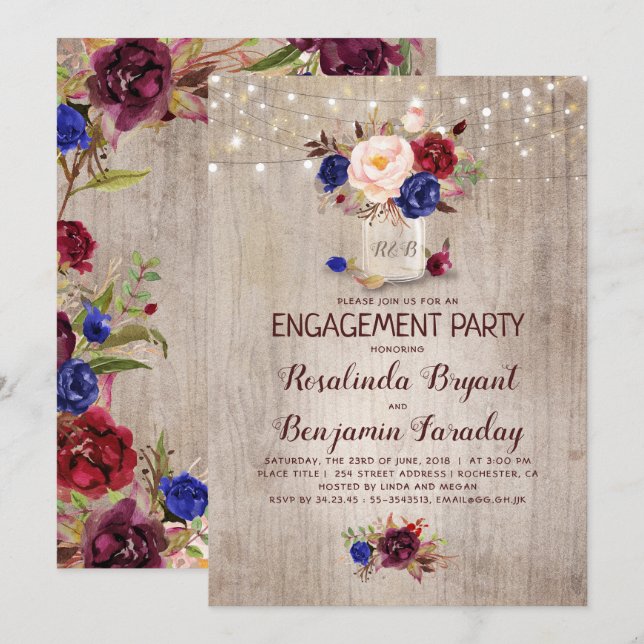 Floral Mason Jar Rustic Engagement Party Invitation (Front/Back)