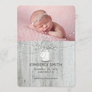 Floral Mason Jar Rustic Newborn Baby Photo Birth Announcement